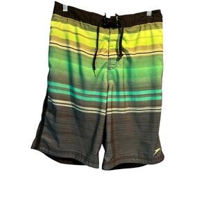 Speedo Size Medium Striped Swimming Trunks Men's Grey Lime Green Summer Vacation